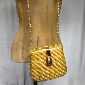 crossbody rattan wicker purse with beautiful gold chain and 3 faux diamonds